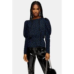 Topshop NWT Black Blue Rose Drama Sleeve Blouse Top 10